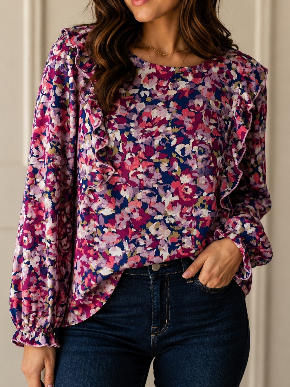 Nanette Lepore Floral Ruffle Long-Sleeve Blouse - XL